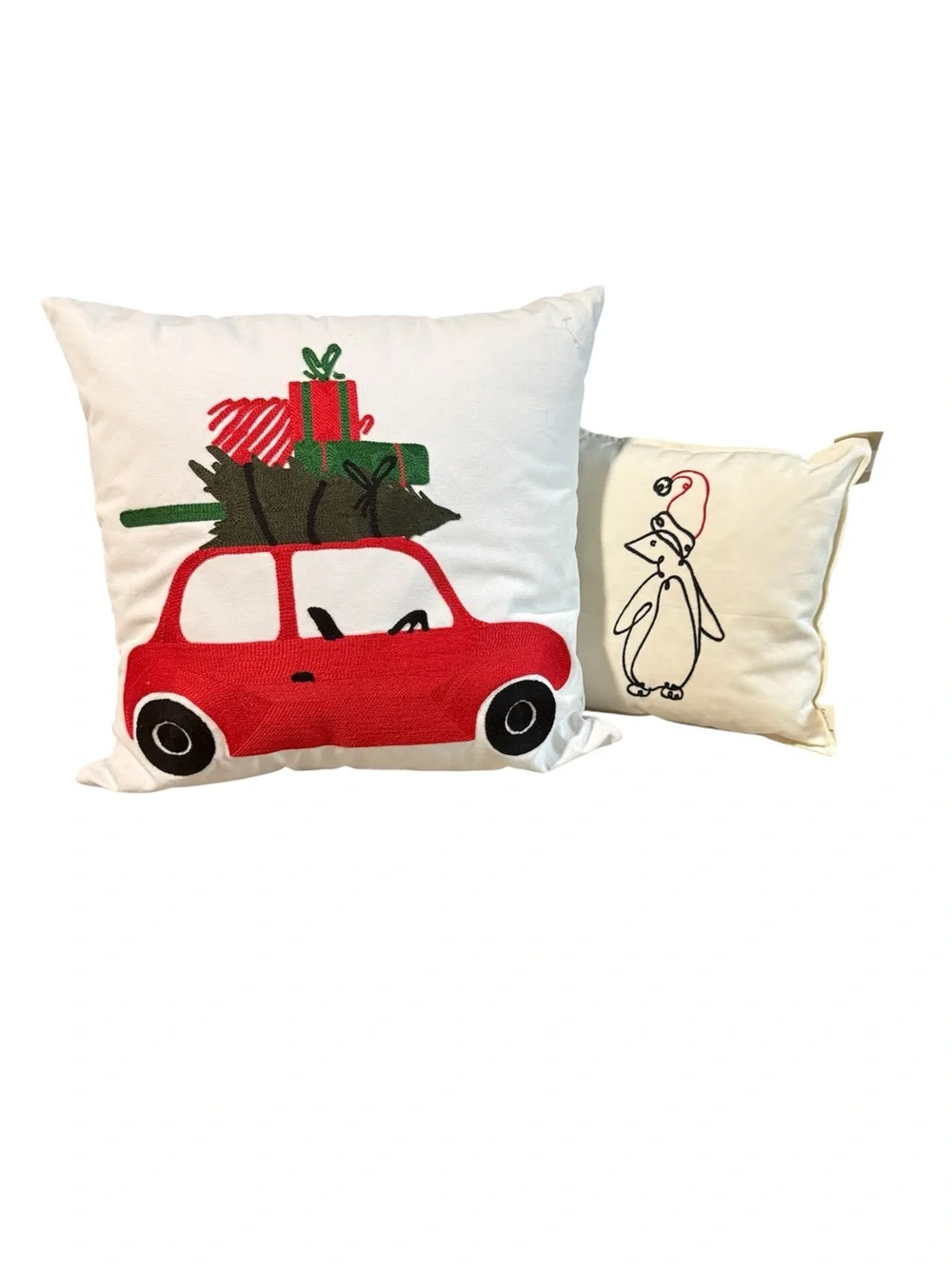 New 2 Christmas Decor Throw Pillows Red Car Penguin Holiday Winter White